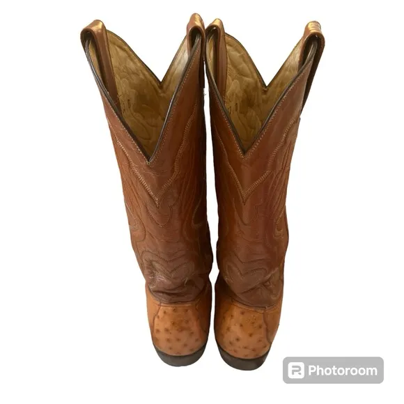 Montana Cowboy Boots Genuine Leather with Ostrich Embossing Western Style Size 8