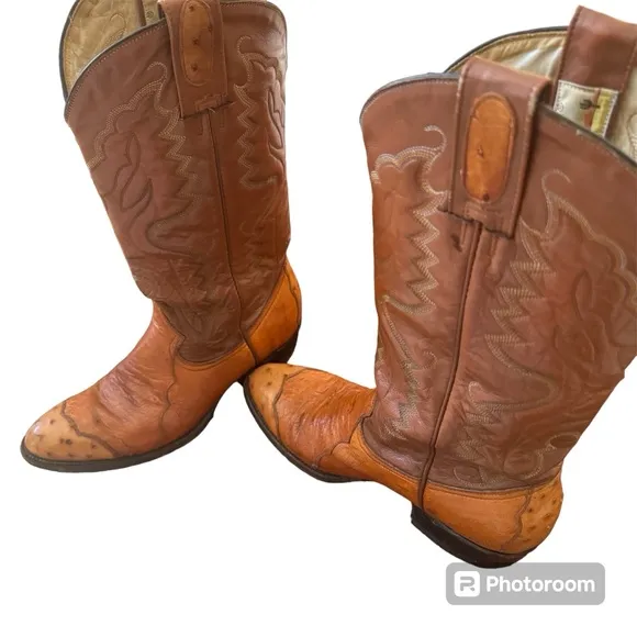 Montana Cowboy Boots Genuine Leather with Ostrich Embossing Western Style Size 8