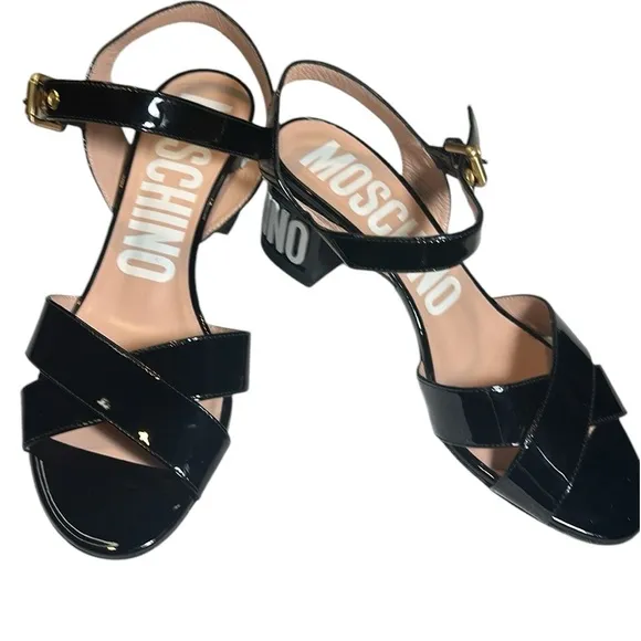 Moschino sandals shoes Couture logo block heel leather NEW!