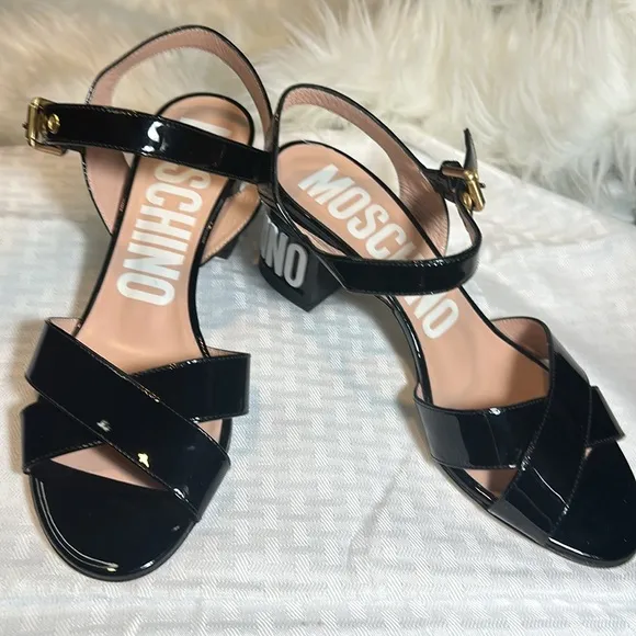Moschino sandals shoes Couture logo block heel leather NEW!