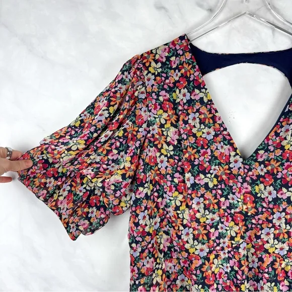 MSK Floral Print V-Neck Open Back Chiffon Puff Sleeve Dress Colorful 70s Plus XL
