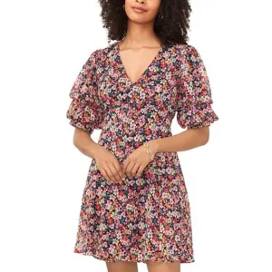 MSK Floral Print V-Neck Open Back Chiffon Puff Sleeve Dress Colorful 70s Plus XL