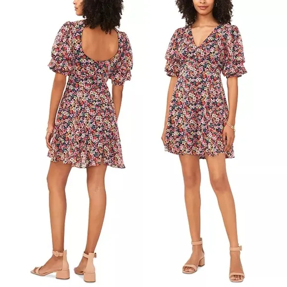 MSK Floral Print V-Neck Open Back Chiffon Puff Sleeve Dress Colorful 70s Plus XL