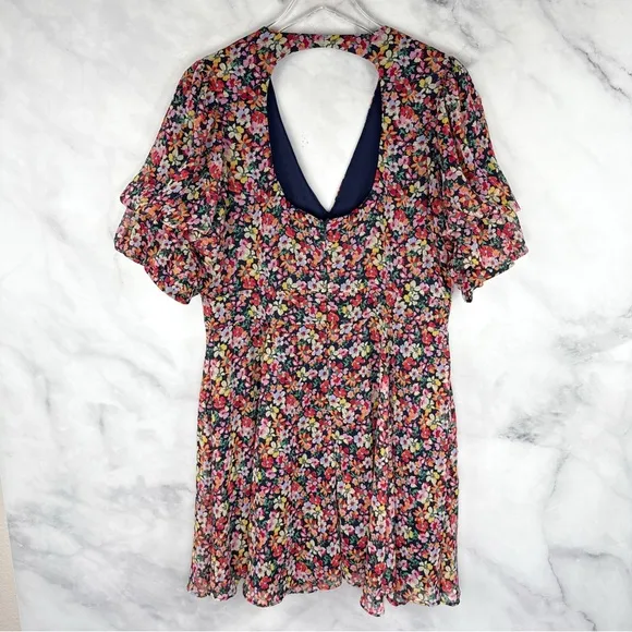 MSK Floral Print V-Neck Open Back Chiffon Puff Sleeve Dress Colorful 70s Plus XL