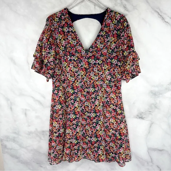 MSK Floral Print V-Neck Open Back Chiffon Puff Sleeve Dress Colorful 70s Plus XL