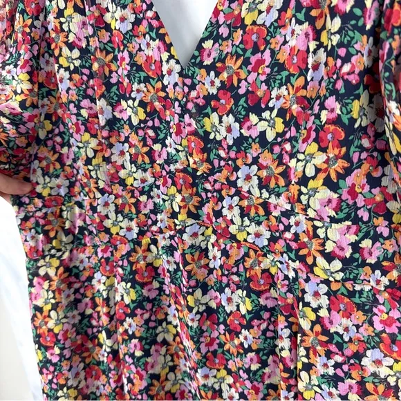 MSK Floral Print V-Neck Open Back Chiffon Puff Sleeve Dress Colorful 70s Plus XL