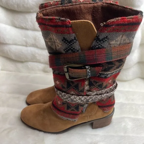 Mukluks Cowboy Chic Brown faux suede multi color sweater belted boots SZ9