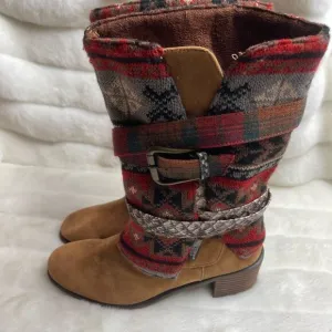 Mukluks Cowboy Chic Brown faux suede multi color sweater belted boots SZ9