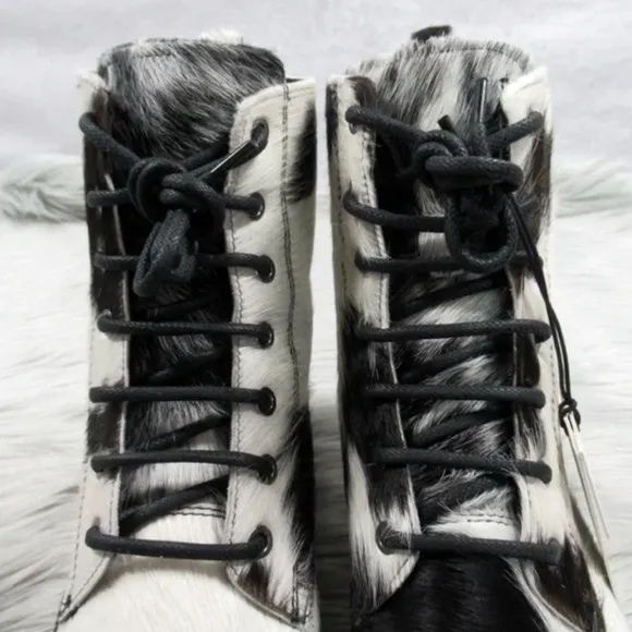 MYRA Black White Cowhide Fervence Boots Western Combat Lace-Up Hairon Leather 10