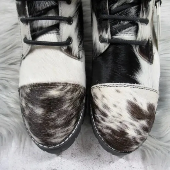 MYRA Black White Cowhide Fervence Boots Western Combat Lace-Up Hairon Leather 10