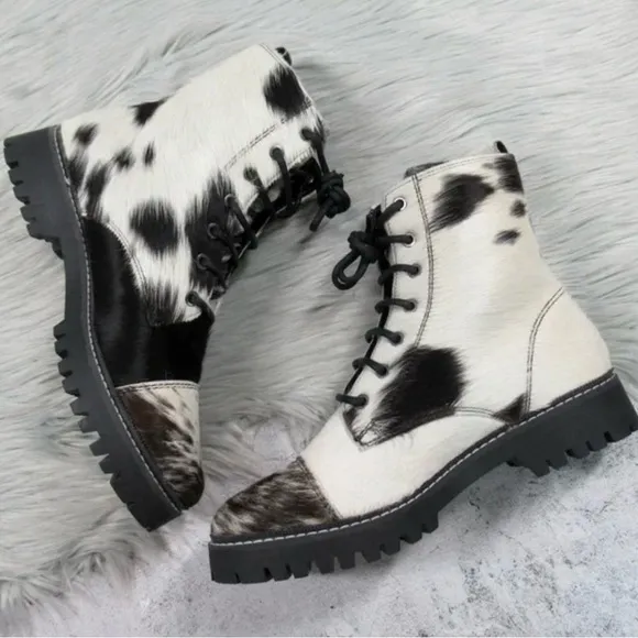 MYRA Black White Cowhide Fervence Boots Western Combat Lace-Up Hairon Leather 10