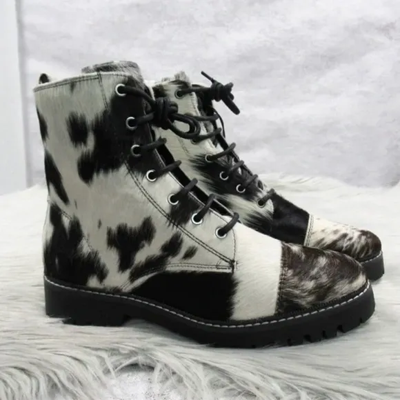 MYRA Black White Cowhide Fervence Boots Western Combat Lace-Up Hairon Leather 10