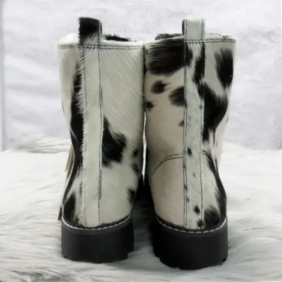 MYRA Black White Cowhide Fervence Boots Western Combat Lace-Up Hairon Leather 10