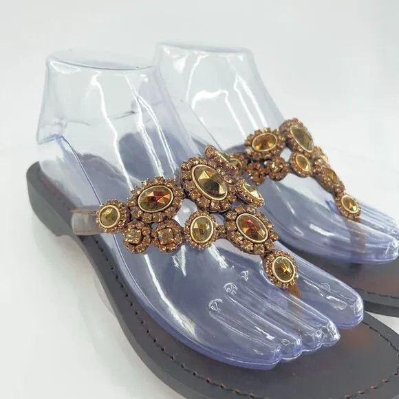 Mystique Jeweled Sandals Size 9 Brown Amber Bead Thong Flats Slip On Boho Cruise
