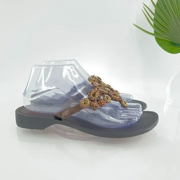 Mystique Jeweled Sandals Size 9 Brown Amber Bead Thong Flats Slip On Boho Cruise