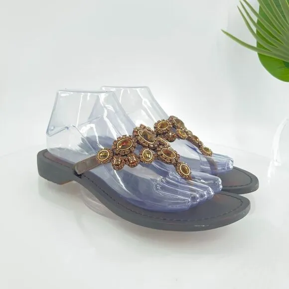 Mystique Jeweled Sandals Size 9 Brown Amber Bead Thong Flats Slip On Boho Cruise