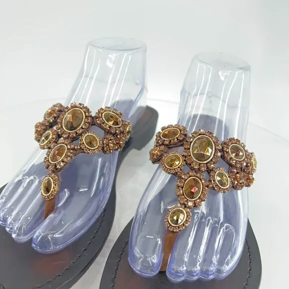 Mystique Jeweled Sandals Size 9 Brown Amber Bead Thong Flats Slip On Boho Cruise