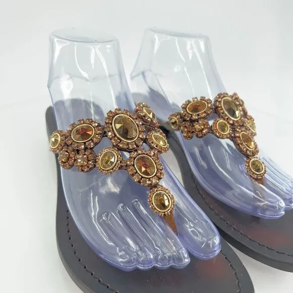 Mystique Jeweled Sandals Size 9 Brown Amber Bead Thong Flats Slip On Boho Cruise