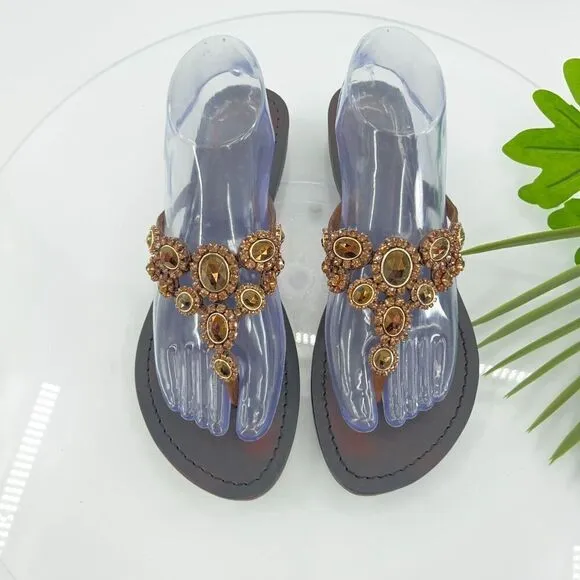 Mystique Jeweled Sandals Size 9 Brown Amber Bead Thong Flats Slip On Boho Cruise