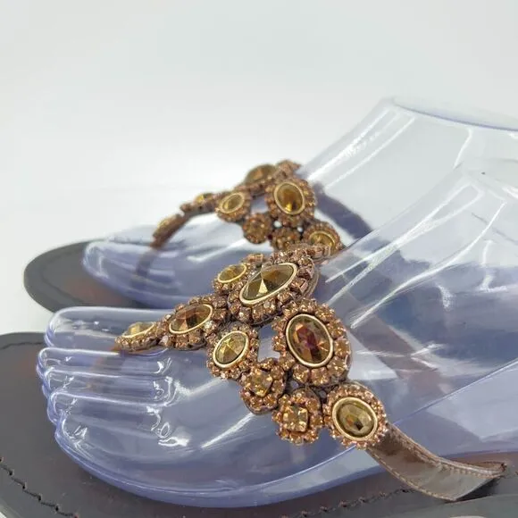 Mystique Jeweled Sandals Size 9 Brown Amber Bead Thong Flats Slip On Boho Cruise