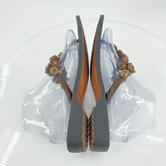 Mystique Jeweled Sandals Size 9 Brown Amber Bead Thong Flats Slip On Boho Cruise
