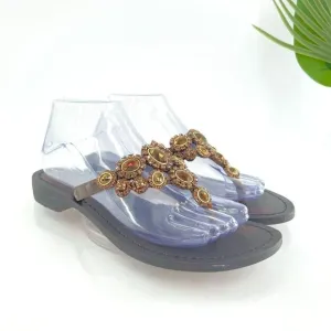 Mystique Jeweled Sandals Size 9 Brown Amber Bead Thong Flats Slip On Boho Cruise