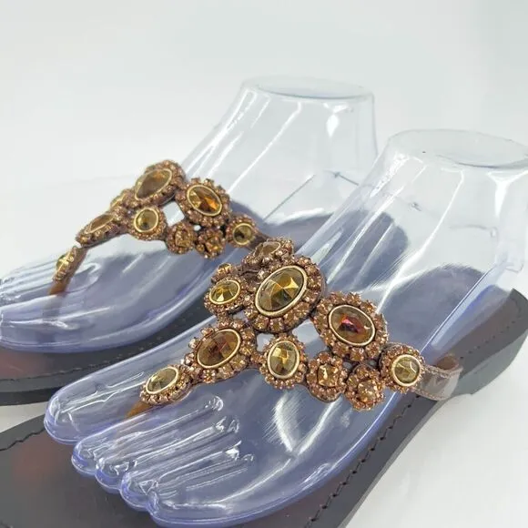 Mystique Jeweled Sandals Size 9 Brown Amber Bead Thong Flats Slip On Boho Cruise