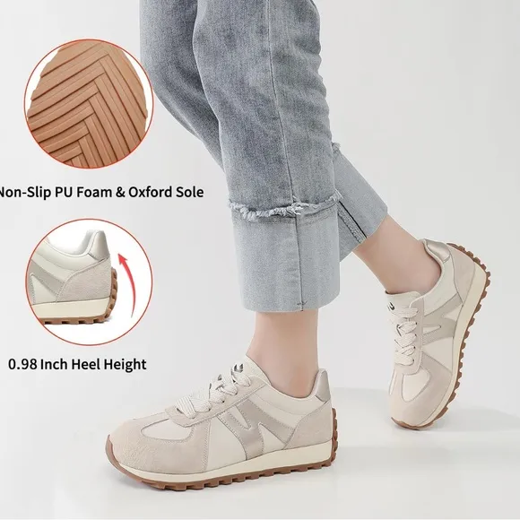 N Cream and Tan Retro Sneakers. New Balance look a like