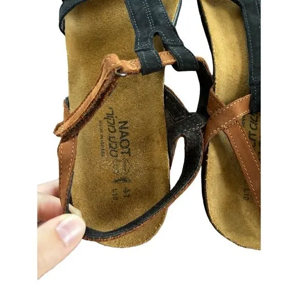 NAOT Judith Sandals Brown Black Leather Uppers Size 41 / 10 Strappy Boho Cork