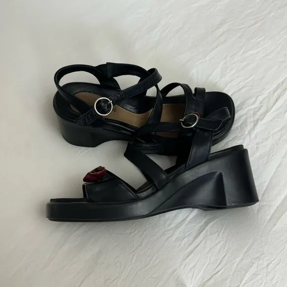Naot Strappy Black Leather Block Wedge Sandals Floral Detail Size 37 US 6 Boho