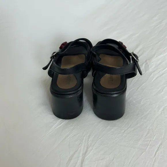 Naot Strappy Black Leather Block Wedge Sandals Floral Detail Size 37 US 6 Boho
