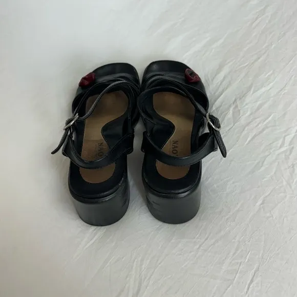 Naot Strappy Black Leather Block Wedge Sandals Floral Detail Size 37 US 6 Boho