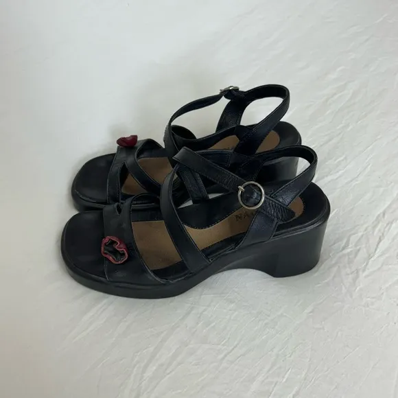 Naot Strappy Black Leather Block Wedge Sandals Floral Detail Size 37 US 6 Boho