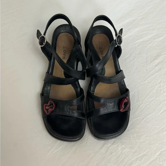 Naot Strappy Black Leather Block Wedge Sandals Floral Detail Size 37 US 6 Boho