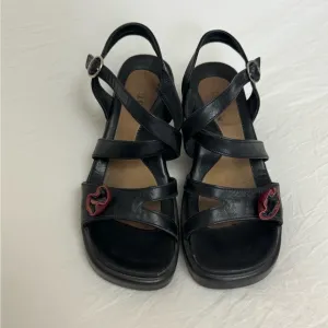 Naot Strappy Black Leather Block Wedge Sandals Floral Detail Size 37 US 6 Boho