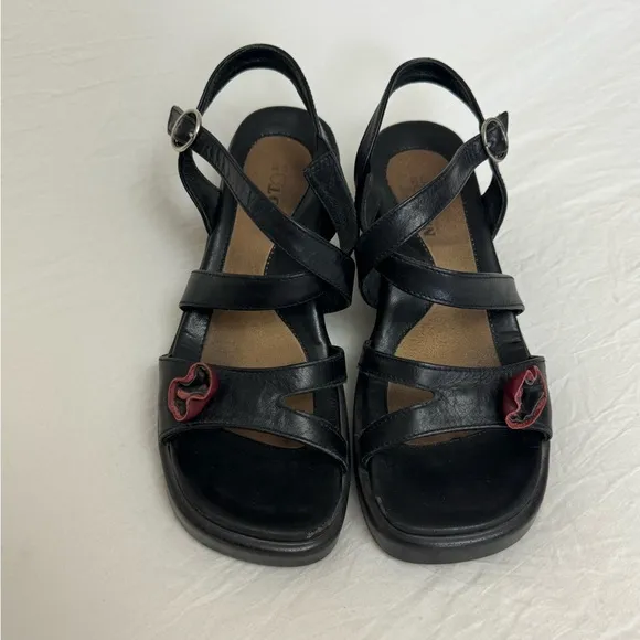 Naot Strappy Black Leather Block Wedge Sandals Floral Detail Size 37 US 6 Boho