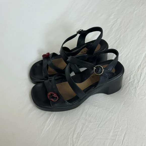 Naot Strappy Black Leather Block Wedge Sandals Floral Detail Size 37 US 6 Boho
