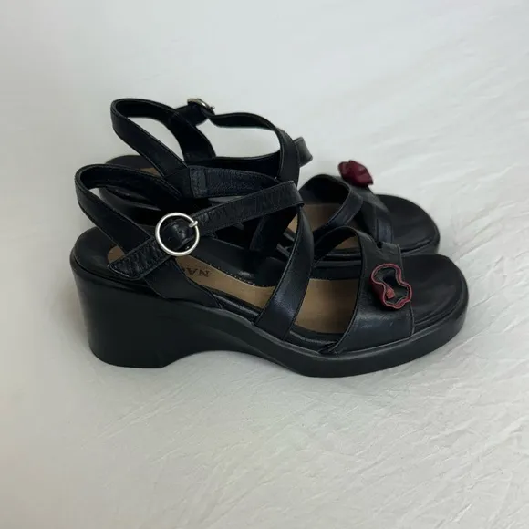 Naot Strappy Black Leather Block Wedge Sandals Floral Detail Size 37 US 6 Boho