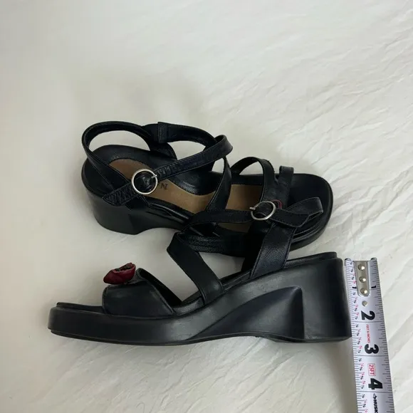 Naot Strappy Black Leather Block Wedge Sandals Floral Detail Size 37 US 6 Boho