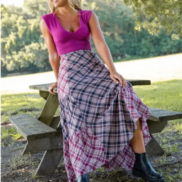 Natural Life Dolly Madres Plaid Maxi Skirt Sz.S Blue &amp; Red Boho Prairie Western