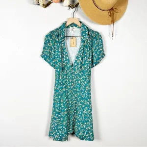 Natural Life Teal Floral V-Neck Short Sleeve Mini Dress Boho Size Medium