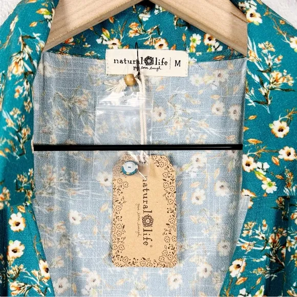 Natural Life Teal Floral V-Neck Short Sleeve Mini Dress Boho Size Medium