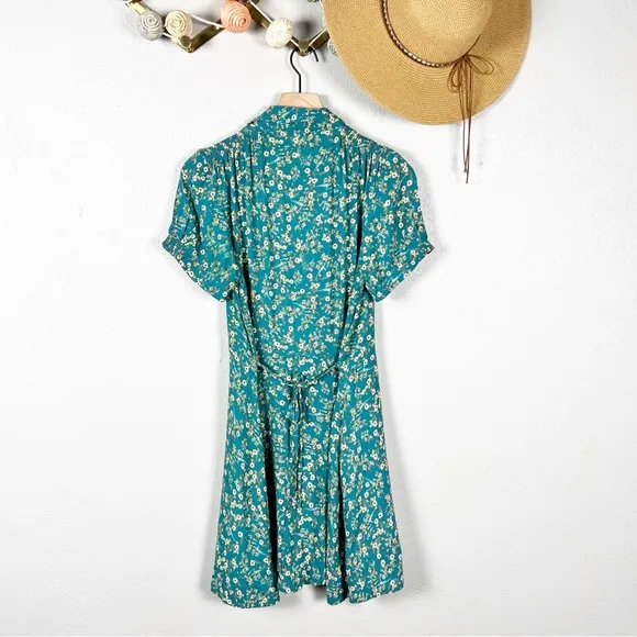 Natural Life Teal Floral V-Neck Short Sleeve Mini Dress Boho Size Medium