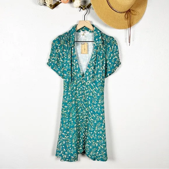 Natural Life Teal Floral V-Neck Short Sleeve Mini Dress Boho Size Medium
