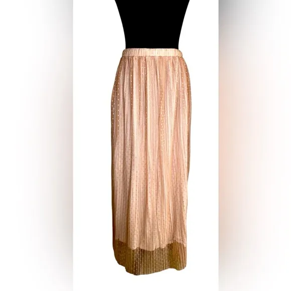 Neutral Pleated Polka Dot Sheer Lined Tulle Casual Maxi Skirt Women’s Size M
