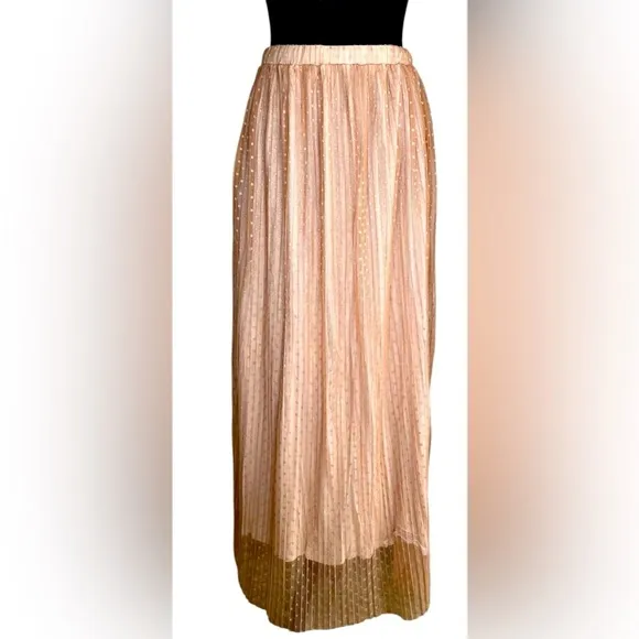 Neutral Pleated Polka Dot Sheer Lined Tulle Casual Maxi Skirt Women’s Size M