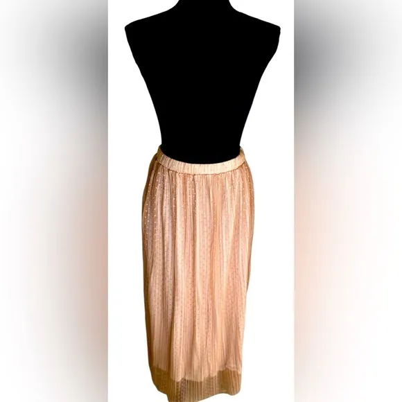 Neutral Pleated Polka Dot Sheer Lined Tulle Casual Maxi Skirt Women’s Size M