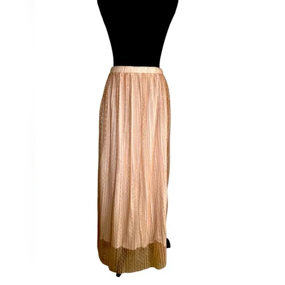 Neutral Pleated Polka Dot Sheer Lined Tulle Casual Maxi Skirt Women’s Size M