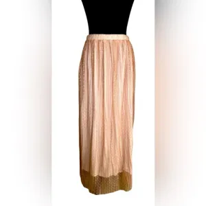 Neutral Pleated Polka Dot Sheer Lined Tulle Casual Maxi Skirt Women’s Size M