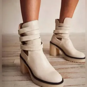 NEW 39.5 Free People Jesse Cutout Ankle Boots Leather Off-White Lug Sole Strappy